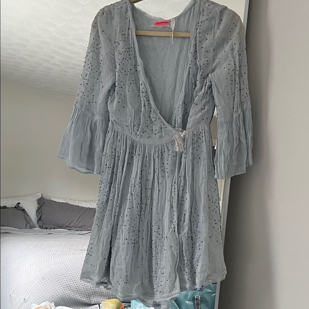 Light Blue Free People “Winter Solstice” Beaded Wrap Dress, size 4